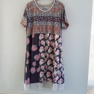 Sahalie Mixed Print Floral & Boho Short Sleeve Dress with Crochet Hem, Size L